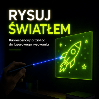 Ultra Tablica — rysuj światłem lasera, niebieska wiązka i świecący na zielono rysunek