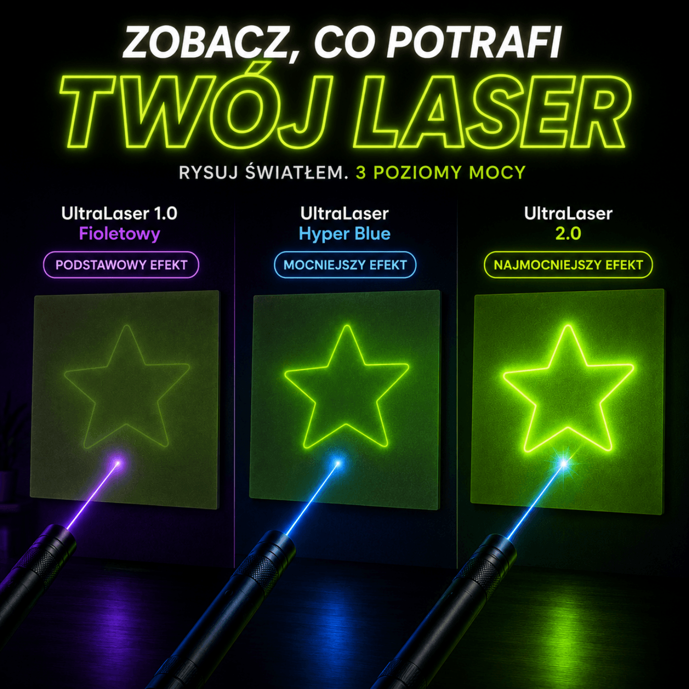 Porównanie efektu na Ultra Tablicy dla UltraLaser 1.0 Fioletowy, Hyper Blue i 2.0
