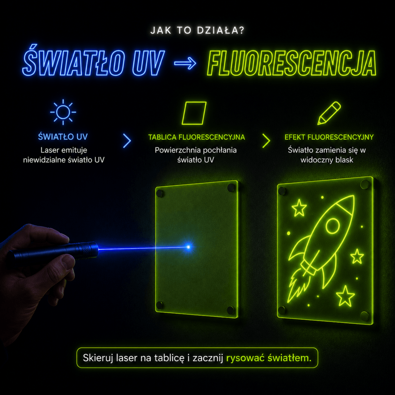 Jak działa Ultra Tablica — światło UV zamienia się w fluorescencyjny efekt